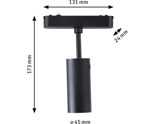Abbildung der Maße einer schwarzen Schienenleuchte, 173 mm hoch