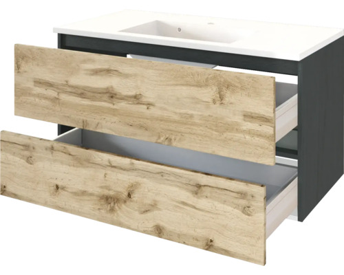 Waschtischunterschrank mit zwei Auszügen in Holzoptik und weißem Waschbecken