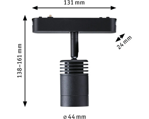 Abbildung der Maße einer schwarzen Stromschienenleuchte