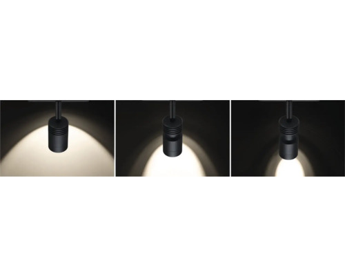 Drei schwarze LED-Strahler an einer Schiene, die Lichtkegel auf den Untergrund werfen.
