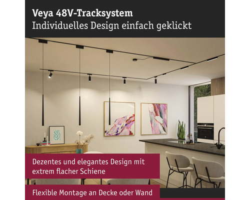 Veya 48V-Schienensystem in einem modern eingerichteten Raum mit Küche und Essbereich