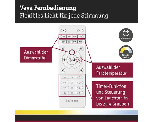 Paulmann Veya Fernbedienung zur Steuerung von Lichtstärke, Farbtemperatur und Timerfunktion