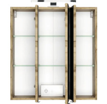 Offener Spiegelschrank für das Badezimmer in Eichenoptik mit Glasböden, LED-Beleuchtung und integrierter Steckdose.