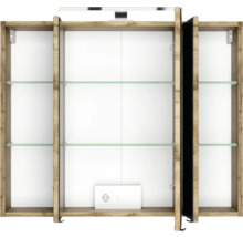 Geöffneter dreitüriger Spiegelschrank für das Badezimmer mit Rahmen in Holzoptik, Glaseinlegeböden, Beleuchtung und integrierter Steckdose.