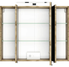 Spiegelschrank in Holzoptik mit drei Abteilen, Glaseinlegeböden, Beleuchtung, Steckdose und Schalter.