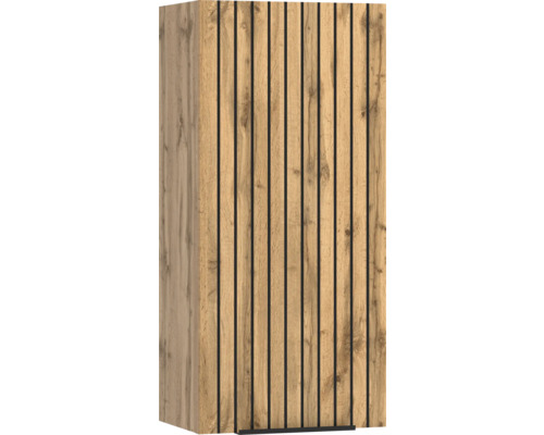 Schrank mit vertikalen schwarzen Lamellen und Holznachbildung in Eichenoptik.