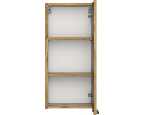 Offener Hängeschrank in Eiche-Optik mit zwei Regalböden und weißer Innenwand.