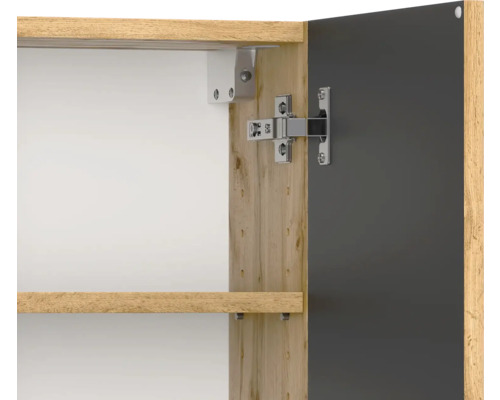Detailansicht eines Schrankscharniers aus Metall an einem Korpus in Holzoptik mit einer dunklen Tür und einem Einlegeboden.
