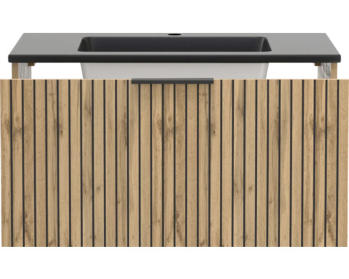 Waschtischunterschrank mit integriertem Waschbecken, Front in Eichenoptik mit schwarzen vertikalen Lamellen und schwarzem Griff.