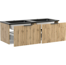 Doppelwaschtisch-Unterschrank mit zwei schwarzen Waschbecken und Holzoptik-Front in Lamellen-Design.
