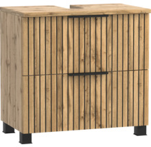 Waschtischunterschrank in Holzoptik mit Lamellenfront, zwei Schubladen mit schwarzen Griffen, schwarzen Standfüßen und Siphonausschnitt.