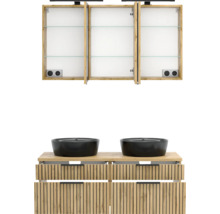 Badezimmermöbel-Set mit dreitürigem Spiegelschrank im Holzrahmen, Waschtisch mit zwei schwarzen Aufsatzbecken und Unterschrank in Eichenoptik.