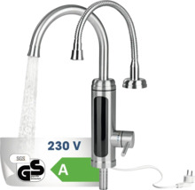 Elektrischer Wasserhahn mit zwei Ausläufen, 230 Volt und Sicherheitszeichen