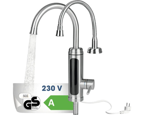 Elektrischer Wasserhahn mit zwei Ausläufen, 230 Volt und Sicherheitszeichen