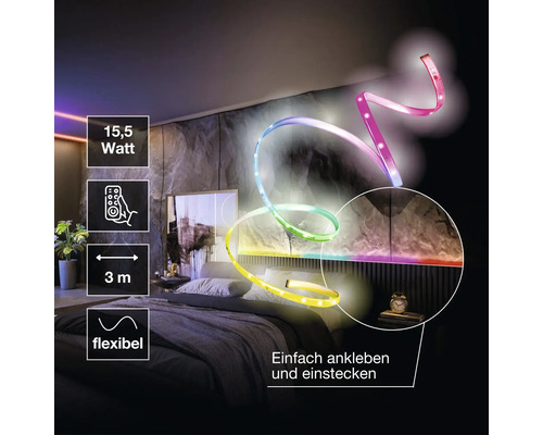 Flexibler LED-Streifen im Schlafzimmer, 15,5 Watt, 3 Meter lang, mit Fernbedienung steuerbar, einfach ankleben und einstecken.