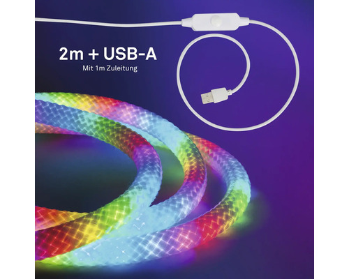 Mehrfarbiger LED Lichtschlauch, 2 Meter lang mit USB A Anschluss, inklusive 1 Meter Zuleitung und integriertem Schalter.
