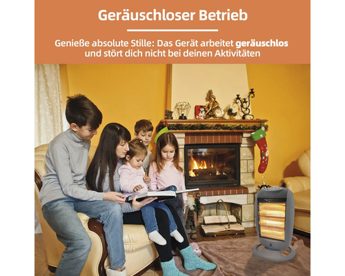 Eine Familie sitzt in einem Wohnzimmer und liest ein Buch neben einem Heizlüfter.