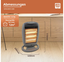 Abmessungen des Heizgeräts SHX24HS1200: Gewicht 1,6 kg, Raumgröße bis maximal 12 Quadratmeter, 280 mm breit, 320 mm tief und 510 mm hoch.
