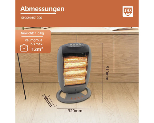 Abmessungen des Heizgeräts SHX24HS1200: Gewicht 1,6 kg, Raumgröße bis maximal 12 Quadratmeter, 280 mm breit, 320 mm tief und 510 mm hoch.