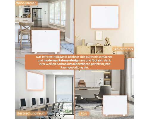 Collage mit einem Infrarotheizpaneel in Wohnzimmer, Schlafzimmer, Besprechungsraum und Büro.