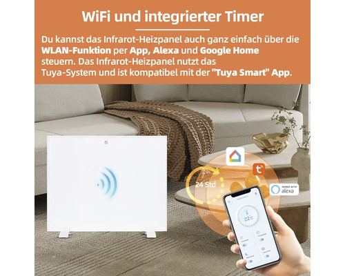 Infrarotheizung mit WLAN Funktion und integriertem Timer im Wohnraum.