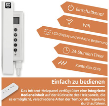 SHX Logo, Heizpaneel Funktionen: Einschaltknopf, WLAN, LCD Display, 24 Stunden Timer, Kontrollleuchte