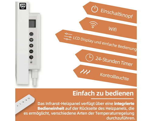 SHX Logo, Heizpaneel Funktionen: Einschaltknopf, WLAN, LCD Display, 24 Stunden Timer, Kontrollleuchte