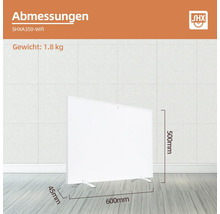 Abmessungen des SHX Infrarotpaneels SHXA350-Wifi: Gewicht 1,8 kg, Höhe 500 mm, Breite 600 mm, Tiefe 45 mm.