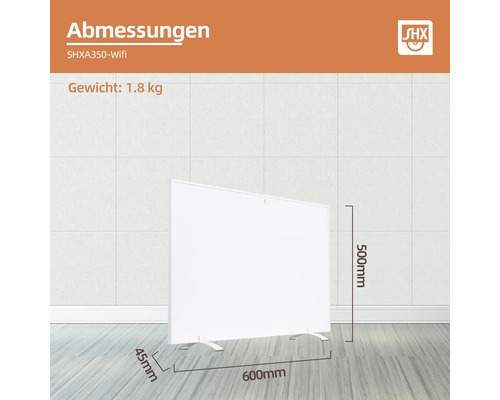 Abmessungen des SHX Infrarotpaneels SHXA350-Wifi: Gewicht 1,8 kg, Höhe 500 mm, Breite 600 mm, Tiefe 45 mm.