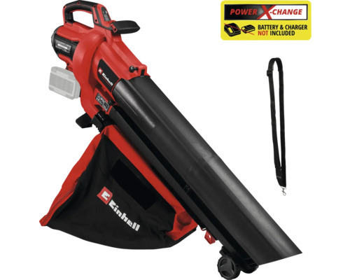Einhell Laubstaubsauger mit Fangsack und Tragegurt. Akku und Ladegerät nicht enthalten. Power X-Change Logo.