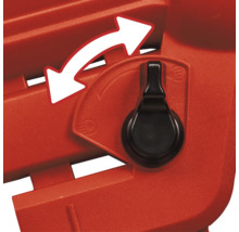 Detailaufnahme einer Einstellvorrichtung mit Pfeil auf einem roten Gerät