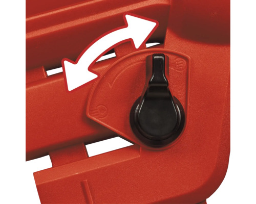 Detailaufnahme einer Einstellvorrichtung mit Pfeil auf einem roten Gerät