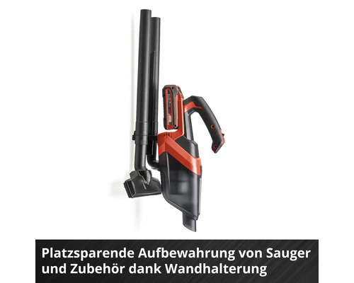 Akkusauger mit Wandhalterung zur platzsparenden Aufbewahrung von Staubsauger und Zubehör