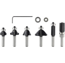 Mehrteiliges Oberfräser-Set aus Metall mit verschiedenen Profilfräsern, zwei Kugellagern und einem Innensechskantschlüssel.