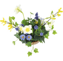 Dekorative Kunstblumenanordnung mit verschiedenen künstlichen Blumen und grünen Blättern in einem Topf