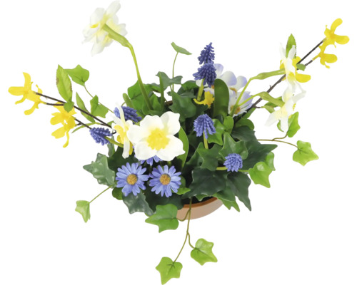 Dekorative Kunstblumenanordnung mit verschiedenen künstlichen Blumen und grünen Blättern in einem Topf
