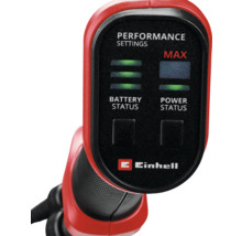 Nahaufnahme der Leistungsanzeige eines Einhell Werkzeugs, die Akkustand und Leistungsstatus anzeigt. Einhell Logo.