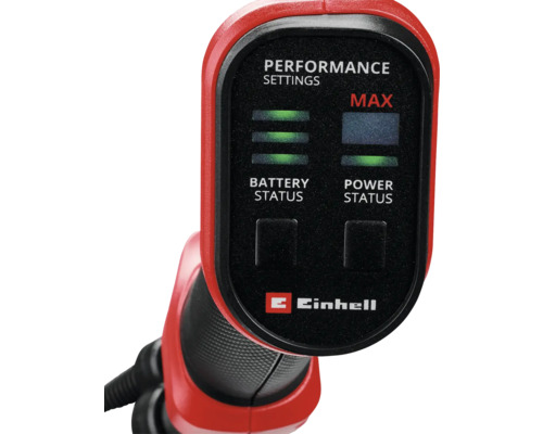 Nahaufnahme der Leistungsanzeige eines Einhell Werkzeugs, die Akkustand und Leistungsstatus anzeigt. Einhell Logo.