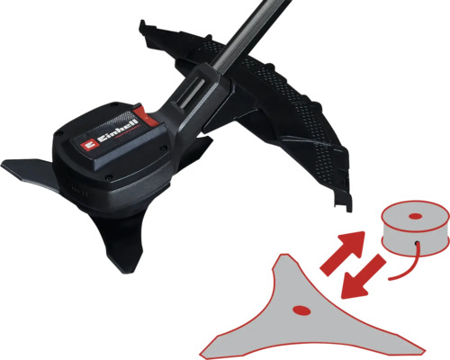 Einhell Logo. Aufsatz für Rasentrimmer mit Messer und Spule.