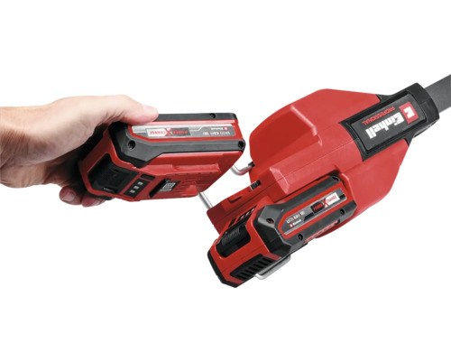 Einhell Logo. Akku-Hochentaster mit Akku im Detail.