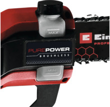Detailaufnahme einer Akku-Kettensäge mit Ölbehälter, PurePower Brushless Motor und Einhell Logo.