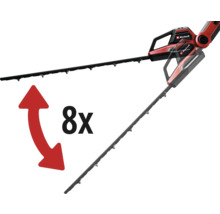 Einhell Logo. Heckenschere mit achtfacher Schnittwinkelverstellung.