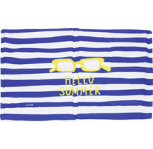 Strandtuch mit Streifen, Sonnenbrille und dem Schriftzug Hallo Sommer