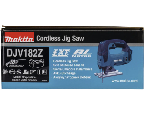 Makita Akku-Stichsäge DJV182Z 18 Volt Lithium-Ionen in der Produktverpackung mit bürstenlosem Motor.