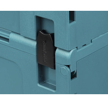 Detailansicht eines Verschlussclips am Makita MAKPAC Werkzeugkoffer mit Makita Logo.