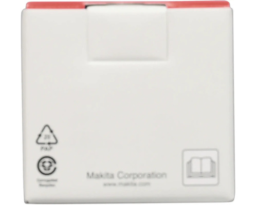 Makita Corporation Logo, Symbole für Papierrecycling und Hinweis zum Lesen der Bedienungsanleitung auf einer Verpackung.