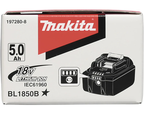 Verpackung eines Makita 18 Volt 5,0 Amperestunden Lithium-Ionen-Akkus Modell BL1850B mit Ladestandsanzeige und Makita Logo.