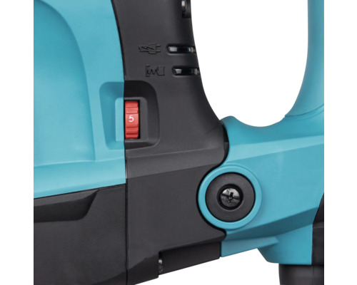 Nahaufnahme eines Einstellrads für die Geschwindigkeit an einem Elektrowerkzeug mit Anzeigeleuchten für Stromversorgung und Wartung.