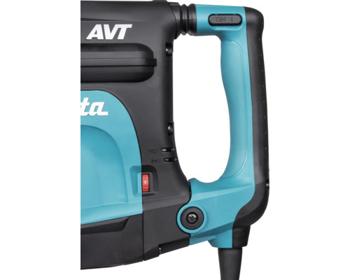 Detailansicht eines Werkzeuggriffs mit Anti-Vibrations-Technologie-Logo, Ein-Ausschalter, Drehzahleinstellrad und Anzeigeleuchten.