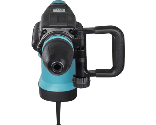 Makita Bohrhammer in Frontansicht mit schwarzem Bohrfutter, türkisblauem Gehäuse und schwarzem Zusatzhandgriff.